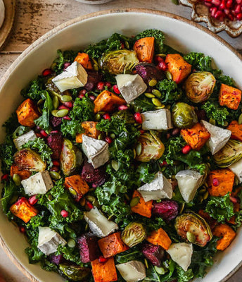 Roasted Winter Vegetable Salad with Maple Dijon Dressing and Petite Camembert