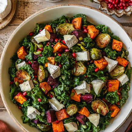 Roasted Winter Vegetable Salad with Maple Dijon Dressing and Petite Camembert