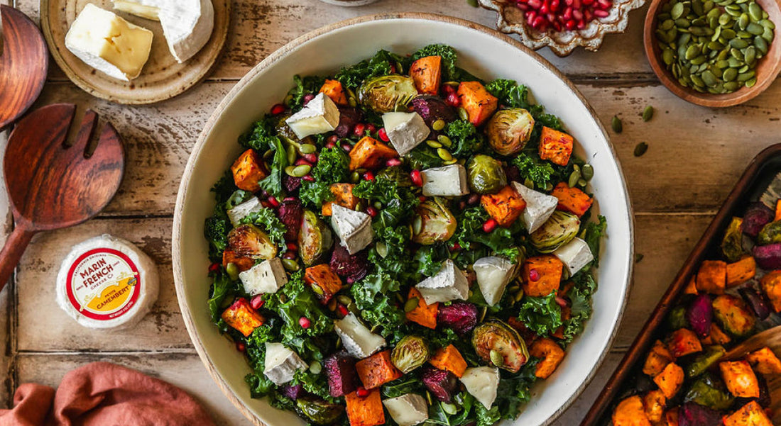 Roasted Winter Vegetable Salad with Maple Dijon Dressing and Petite Camembert