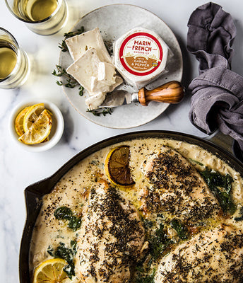 Baked Skillet Chicken with Petite Garlic & Pepper Brie, Lemon Orzo & Spinach