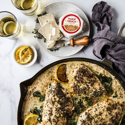 Baked Skillet Chicken with Petite Garlic & Pepper Brie, Lemon Orzo & Spinach
