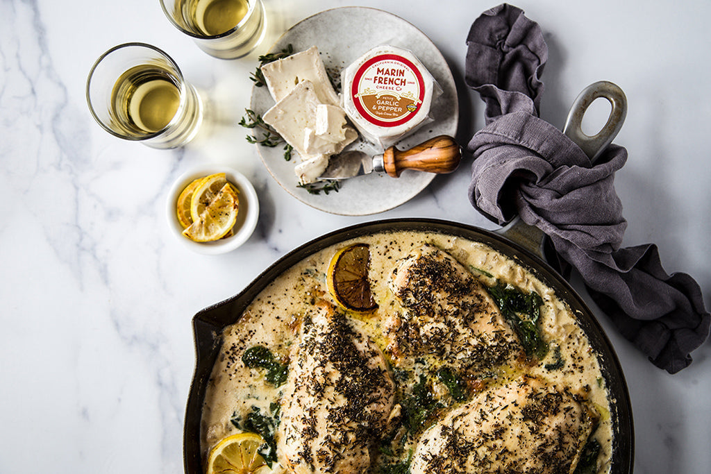 Baked Skillet Chicken with Petite Garlic & Pepper Brie, Lemon Orzo & Spinach