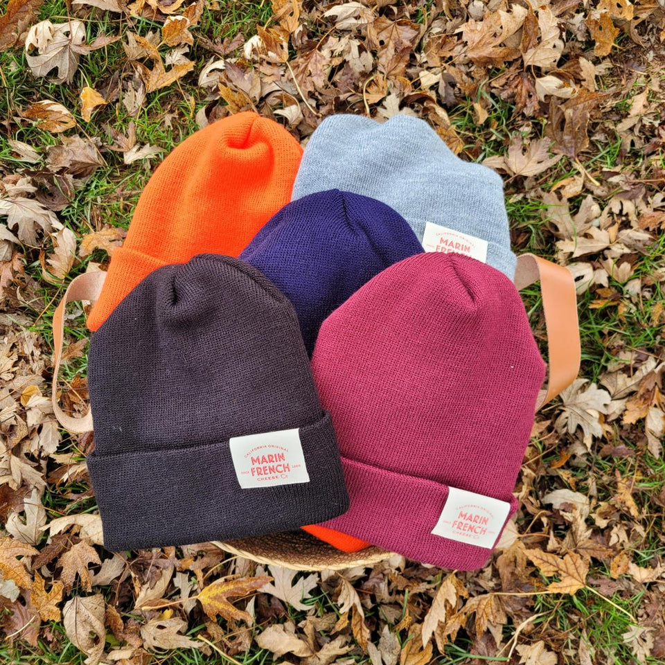 Four beanies in orange, blue, black, and pink on a bed of leaves.